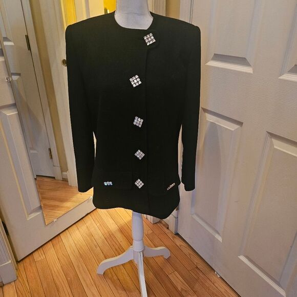 VINTAGE LUXURY BLACK JACKET W/ SQUARE RHINESTONE BUTTONS - Picture 2 of 8